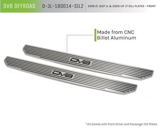 DV8 Offroad Jeep Gladiator JL 2018-2019 front sill plates, exterior body armor and rock rail protection for 2-door models.