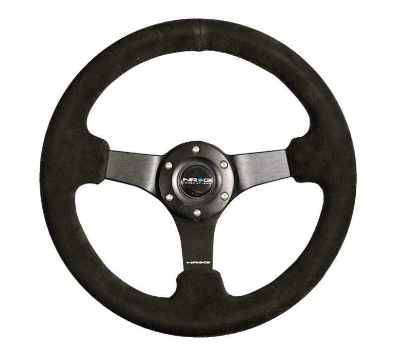 NRG reinforced 330mm black suede steering wheel with criss-cross stitching and 3-spoke center for car performance and style.