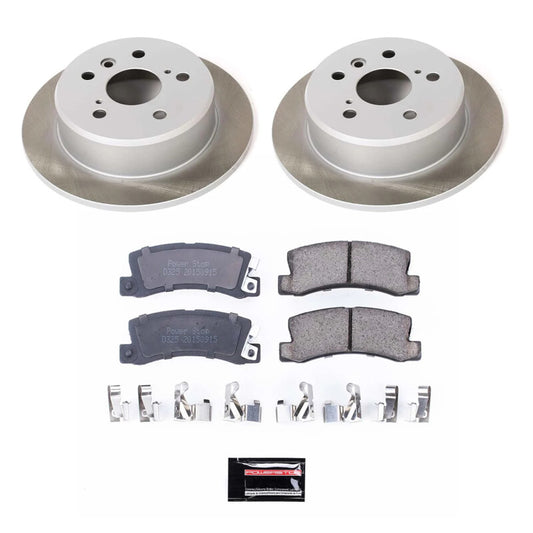 PowerStop rear semi-coated brake rotor kit for 1999 Toyota Solara, performance brake kit with drilled and slotted design.