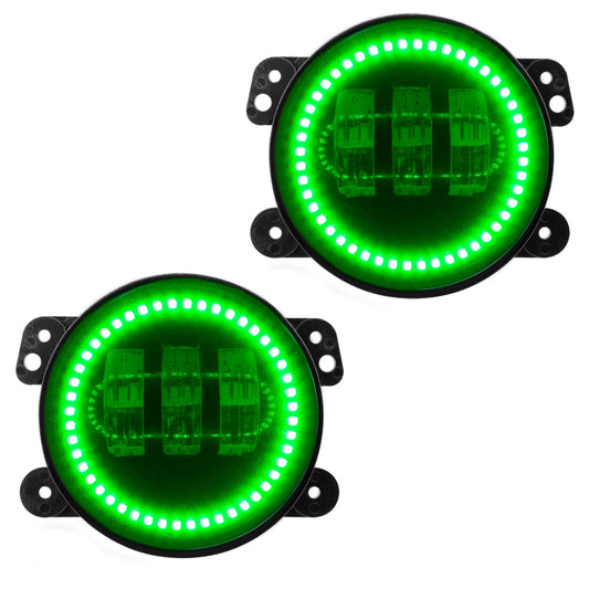Oracle High Powered LED Fog Lights in green, mounted on a vehicle, showcasing bright LED illumination for improved visibility.