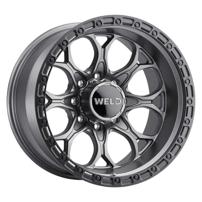 Weld Ledge 8 20x9 satin gunmetal cast wheel with 8x180 bolt pattern, 5-inch back spacing, and 124.3 HB for trucks