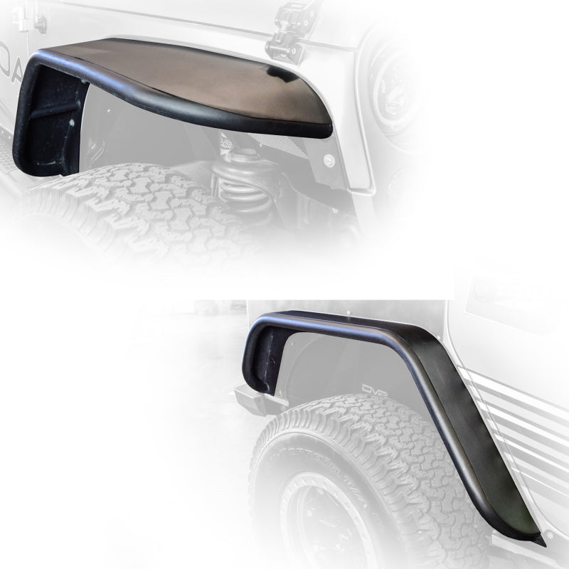 DV8 Offroad Jeep Wrangler JK flat tube fenders installed on front and rear, showcasing rugged offroad style and durable design.