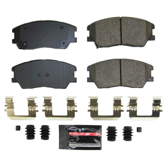PowerStop Z23 Evo Sport performance brake pads with hardware for the front of Kia Soul 2020-2022, showcasing the brake pad design.