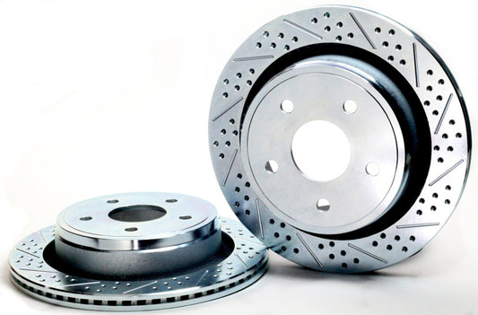 Baer Brakes rear slot and drilled brake rotors for Dodge Ram 1500 5-lug Classic Claw Performance vehicle, shown from side view.
