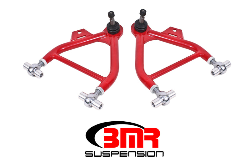 Red BMR Suspension Fox Mustang lower control arms with adjustable rod end and tall ball joint for 1979-1993 models.