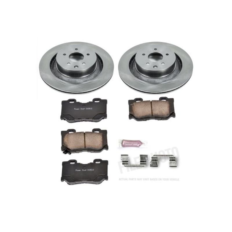 PowerStop rear OE brake kit for Infiniti G37 2008-2013, showing brake rotors and pads in a detailed automotive image.