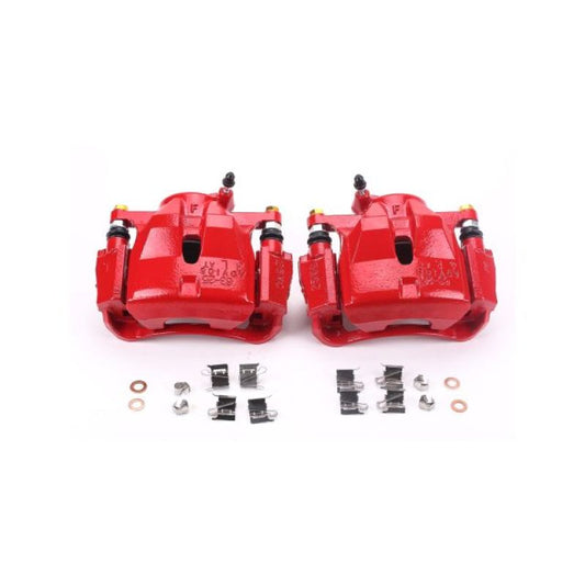 Pair of PowerStop red front brake calipers with brackets for Lexus HS250h, performance brake calipers for enhanced stopping power.