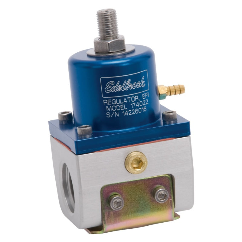 Edelbrock fuel pressure regulator for EFI systems, blue and clear finish, with -10 inlet/outlet and 6 return, adjustable 35-90 PSI.