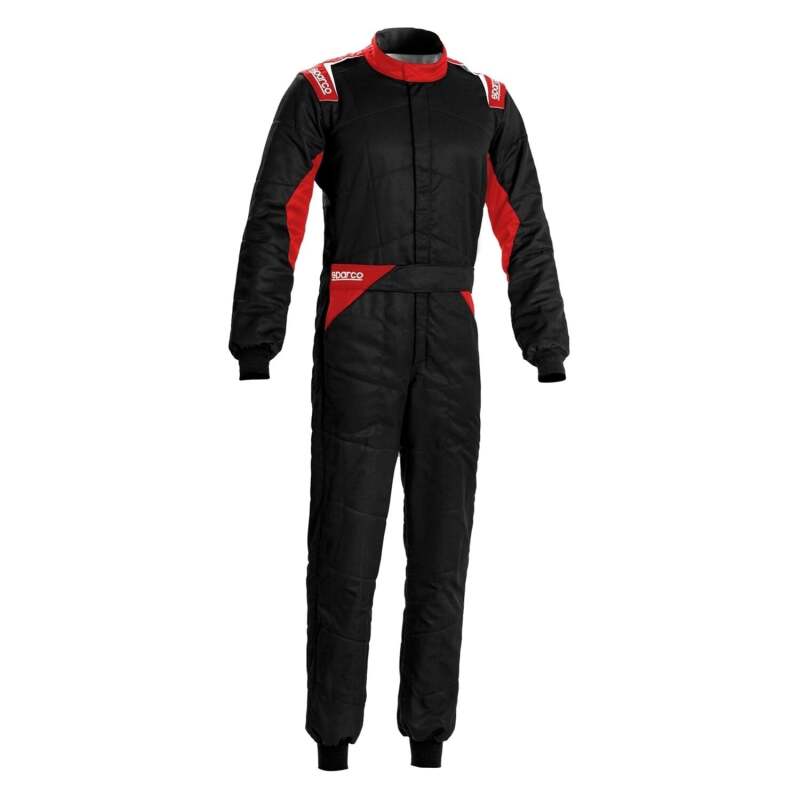 Black and red Sparco Sprint 48 racing suit with detailed stitching and racing branding, designed for motorsport drivers.