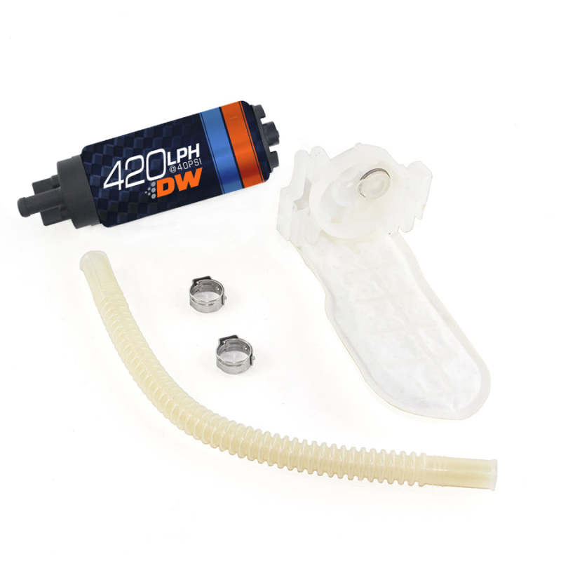 DeatschWerks DW420 Series 420lph in-tank fuel pump with install kit for 2004-2007 Cadillac CTS-V, showing pump and components.
