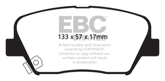EBC 12+ Hyundai Azera 3.3 Redstuff front performance brake pads with red friction material and metal backing plate.