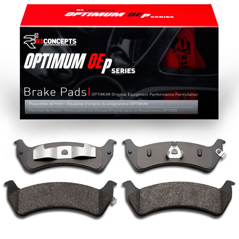 R1 Concepts OE brake pads for Jeep Grand Wagoneer R1 93-05, rear installation, black brake pad with metal backing plate