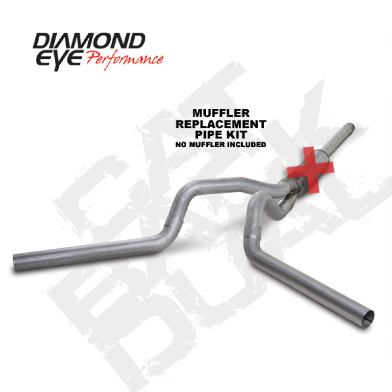 Diamond Eye Performance 4-inch catback exhaust pipe for 94-97 Ford F250/F350 PowerStroke 7.3L, showing the dual exhaust setup.