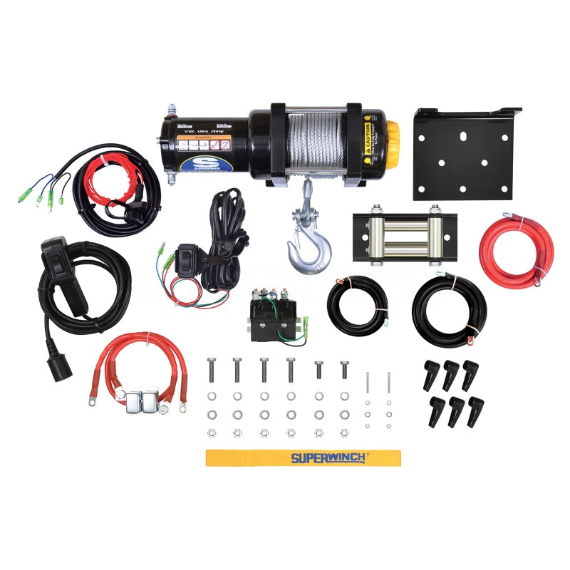 Superwinch 4000 LBS 12V DC steel rope winch with 3/16 inch x 50 ft steel cable, designed for heavy-duty vehicle recovery.