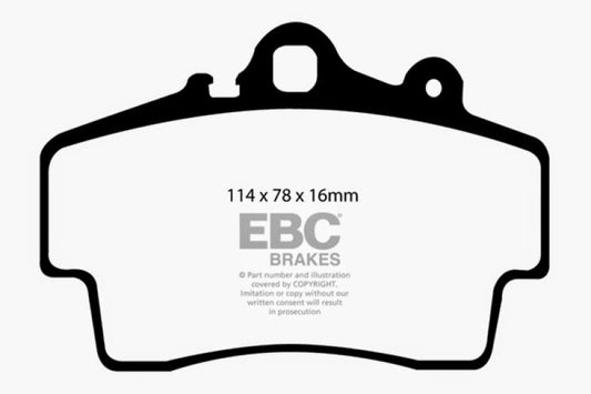 EBC 97-99 Porsche Boxster front brake pads, redstuff performance brake pads with cast iron rotors for enhanced stopping power.