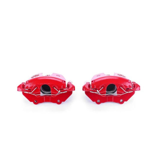 PowerStop front red brake calipers with brackets for Mazda 3 2008-2009, performance replacement parts shown in the image.