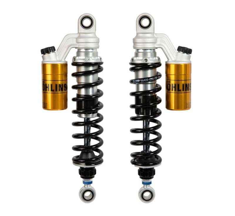 Ohlins twin shock absorber for Harley-Davidson Dyna FXD 91-17, black metal shocks with mounting hardware for motorcycle suspension.