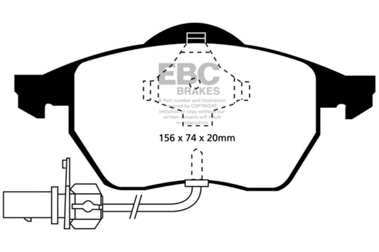 EBC Redstuff performance front brake pads for Audi A4 1.8 Turbo B5, showing the red brake pad material and mounting hardware.