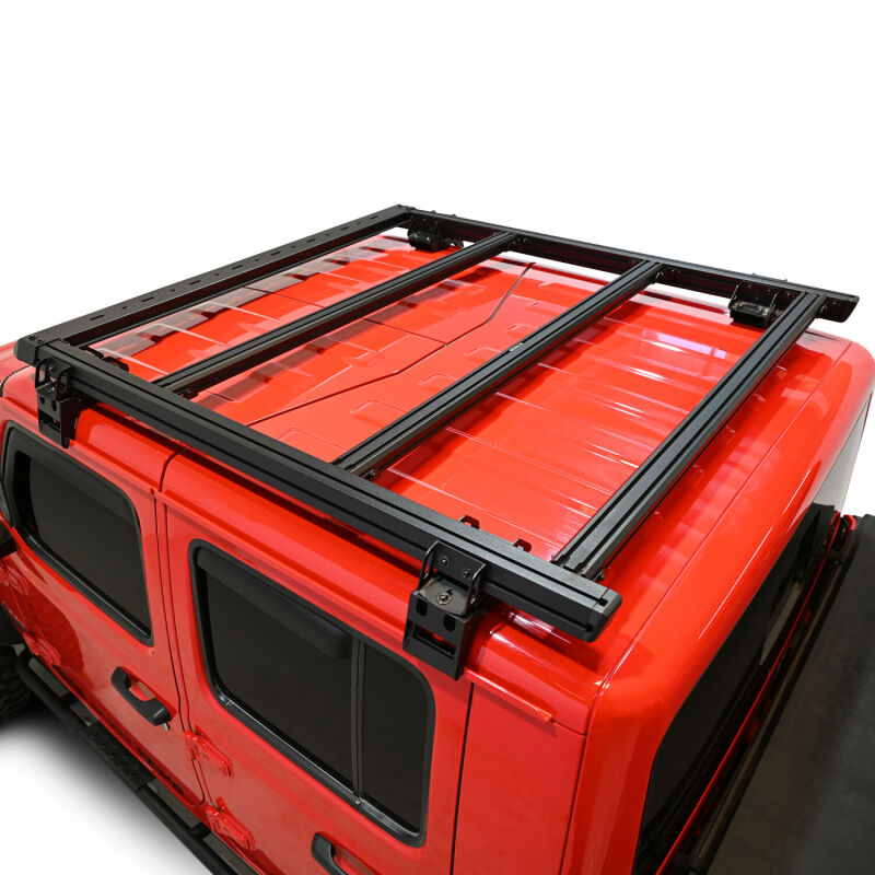 Westin Jeep Gladiator Mesa roof rack in black, mounted on top of a Jeep Gladiator truck for added cargo space and outdoor adventures.