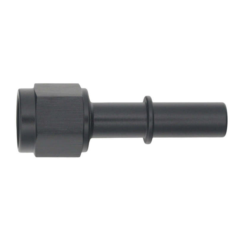 DeatschWerks matte black 6AN female flare swivel to 3/8 inch male EFI quick disconnect fitting for fuel systems.
