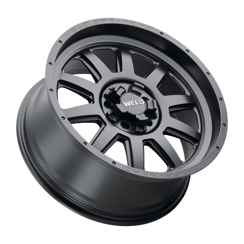 Weld Stealth 20x9 satin black forged wheel with 8x165.1 bolt pattern and 5.01 backspacing, showcasing the wheel's design and finish.