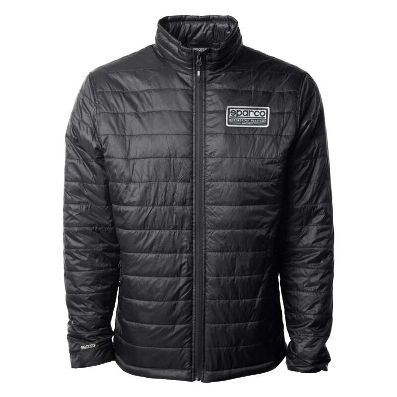Black Sparco Heritage Puff Jacket in XS, lightweight textile jacket with a stylish design and cozy padded texture.