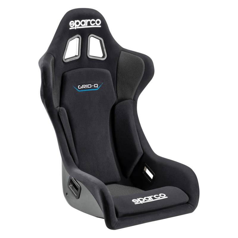 Black Sparco Seat Grid QRT race seat with racing harness slots, lightweight design, and supportive bolsters for motorsport use.