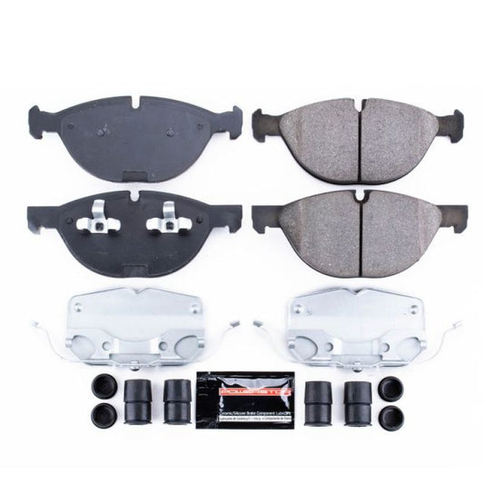 PowerStop Z23 Evolution Sport brake pads with hardware for 2011-2018 BMW X5 front brake system, high-performance automotive brake components.