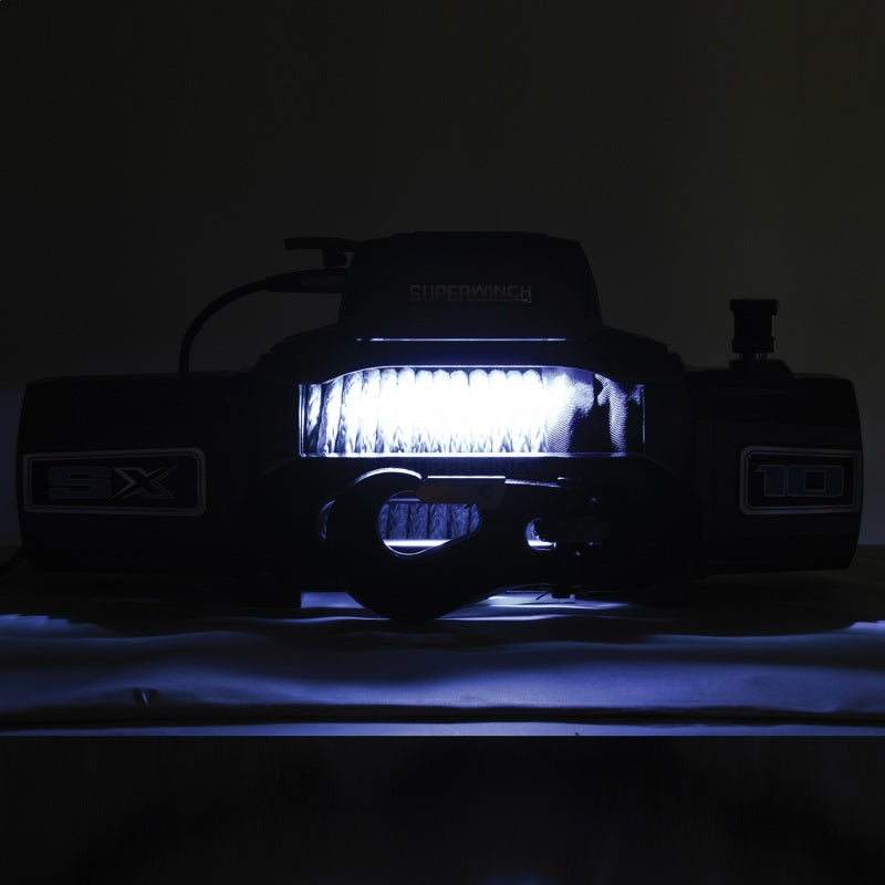 Superwinch 10000 LBS 12V DC winch with synthetic rope and 3/8 inch x 80 ft cable, designed for heavy-duty vehicle recovery.