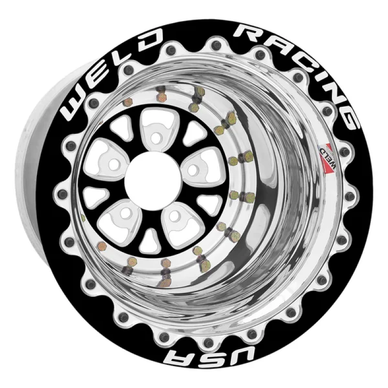 Weld V-Series 15x16 forged wheel with black center, polished shell, 5x4.5 bolt pattern, black SBL MT finish, racing style.