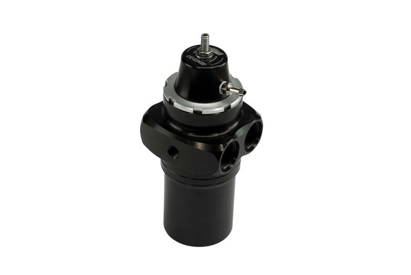 Turbosmart -10AN FPRF10 canister style fuel filter with regulator in black, showing the compact fuel filter and regulator assembly.