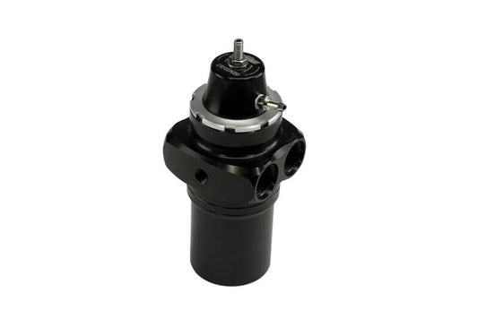 Turbosmart -10AN FPRF10 canister style fuel filter with regulator in black, showing the compact fuel filter and regulator assembly.
