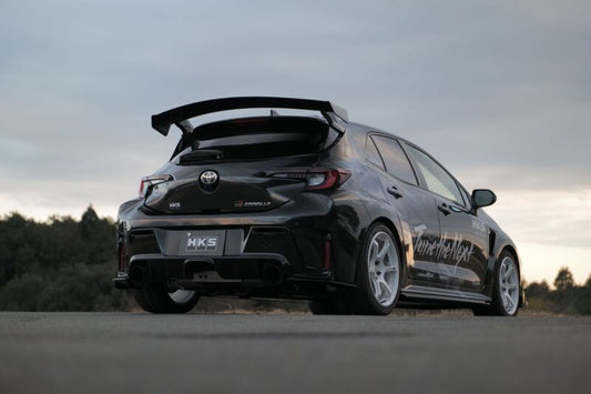 HKS Type-S GR Corolla body kit with R-spoiler installed, showcasing aerodynamic design and sporty styling for the compact car.