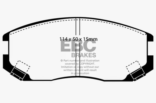 EBC Ultimax2 front brake pads for Dodge Colt 1991-1994, OE style, with metal backing and friction material for improved braking performance.
