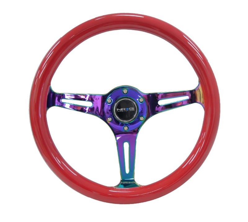 NRG Classic Wood Grain Steering Wheel with red grip and Neochrome 3-spoke center, 350mm diameter, for racing and car customization