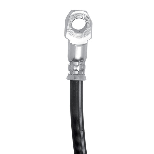 DFC Cadillac SRX rear right brake hose from brake line kit, close-up view showing flexible rubber and metal fittings.