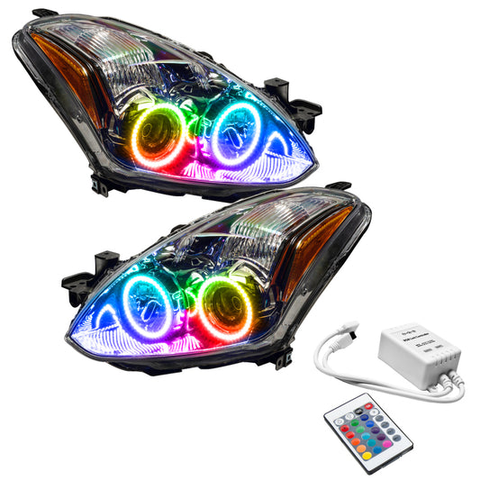 Oracle Lighting Nissan Altima Coupe SMD Headlights with ColorSHIFT and simple controller, showcasing sleek headlight design and vibrant colors.