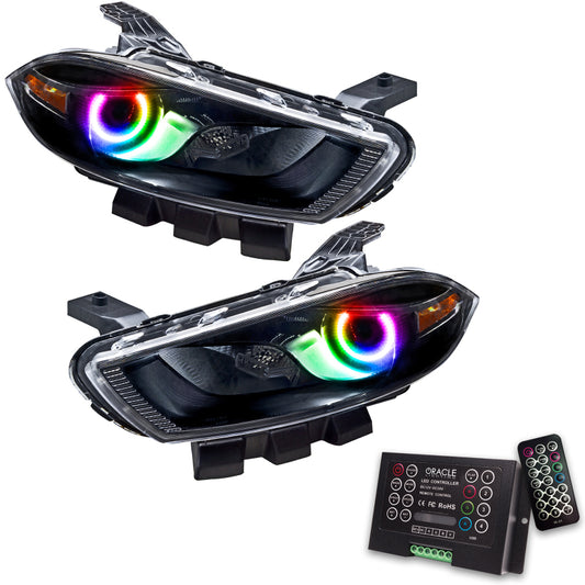 Oracle Dodge Dart 2013-2014 HID Style SMD Headlights in black with ColorSHIFT and 2.0 controller, showing the headlight assembly.
