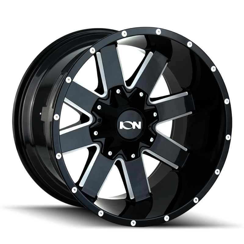 Ion Wheels ION 141 20x9 cast wheel with gloss black finish, milled accents, 8x170 bolt pattern, 18mm offset, and 125.2mm hub.