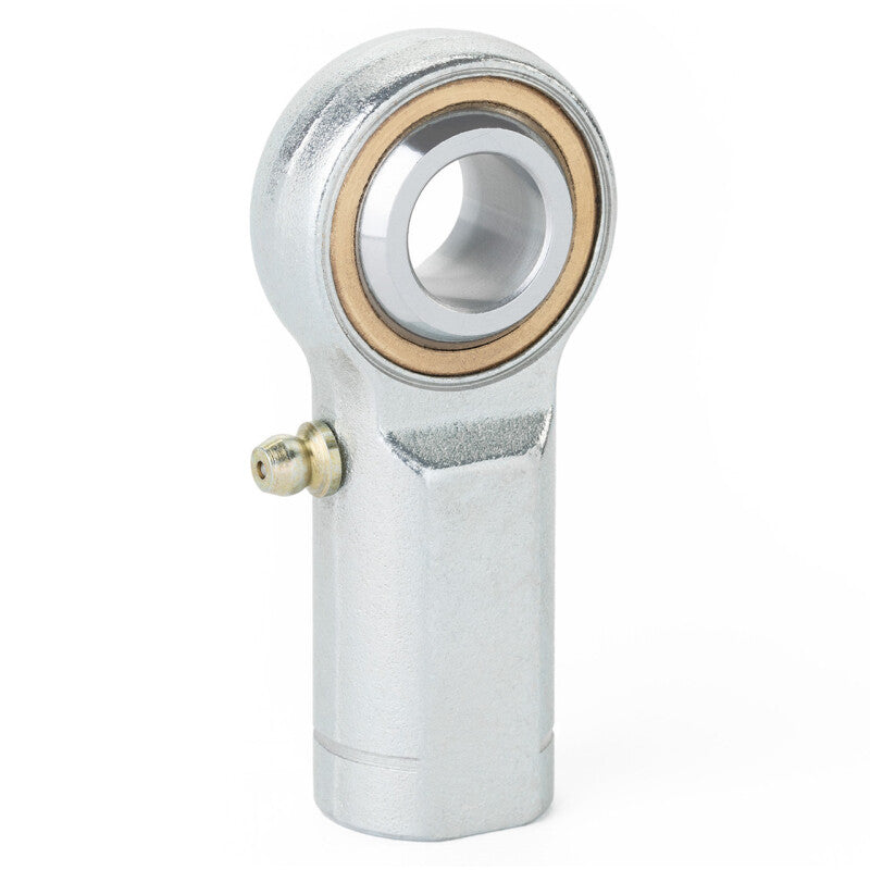 QA1 V Series 3-Pc Female Tie Rod End with 12mm bore, M12x1.75 thread, Zerk fitting, made of durable carbon steel.