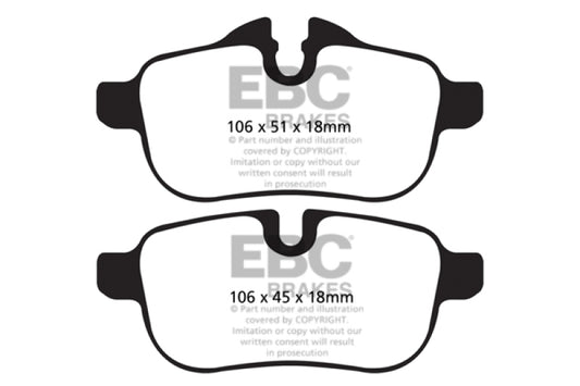 EBC Redstuff rear brake pads for BMW Z4 3.0 E89, performance brake pads with red friction material and metal backing plates.