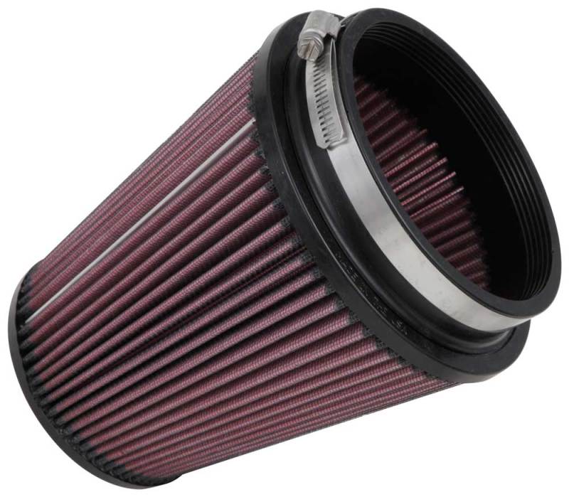 K&N Engineering universal rubber air filter with 5-inch flange, 6.5-inch base, 4.375-inch top, and 7-inch height.
