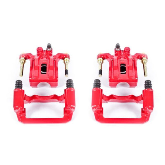 Pair of PowerStop red rear brake calipers with brackets for Nissan Frontier 2005-2018, performance brake calipers for enhanced stopping power.