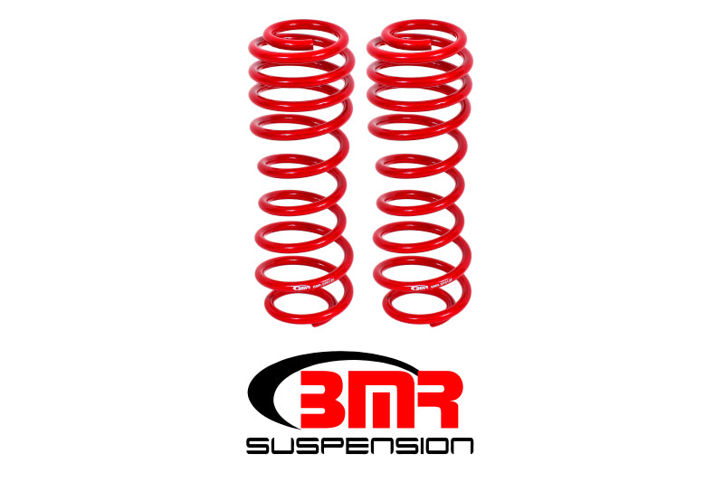 Red BMR Suspension rear lowering springs for 2005-2014 S197 Mustang GT and GT500, designed for performance and drag racing.