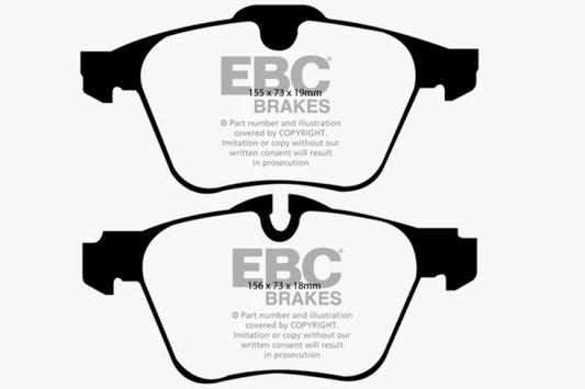 EBC Redstuff front brake pads for Jaguar XF 3.0 Supercharged, high-performance brake pads with red friction material.