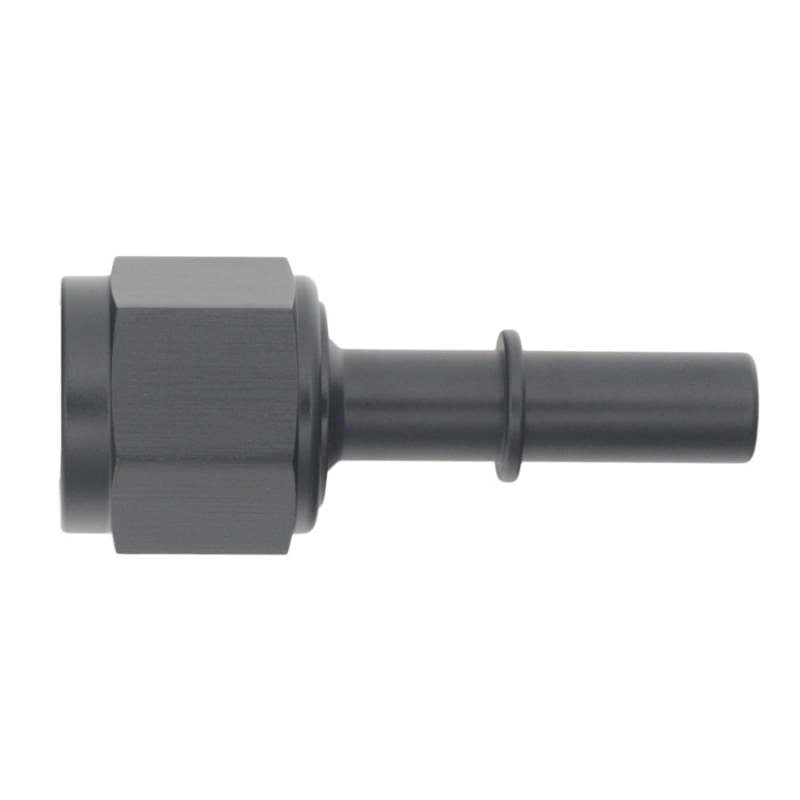 DeatschWerks matte black 8AN female flare swivel fitting with 3/8 inch male EFI quick disconnect for fuel system connections