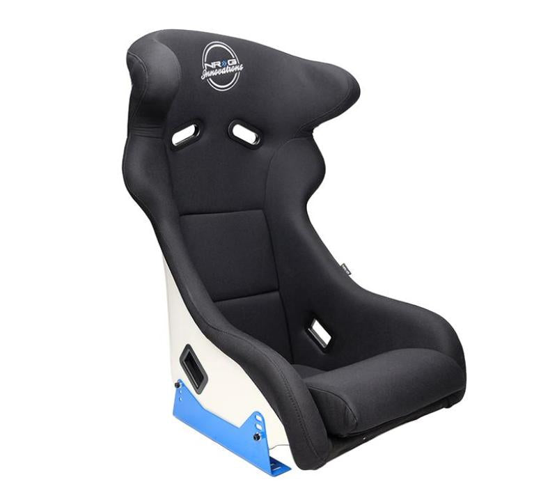 NRG FRP bucket race seat in white with arrow embroidery and blue side mount bracket for racing vehicles
