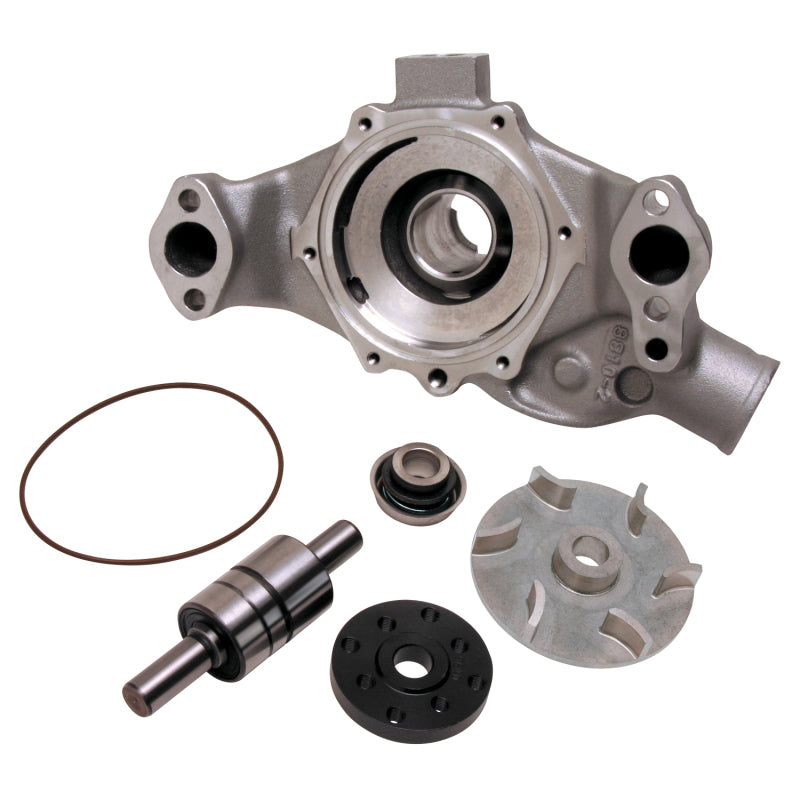 Edelbrock high-performance Chevrolet 350 V8 short style water pump in satin finish with visible mounting features.