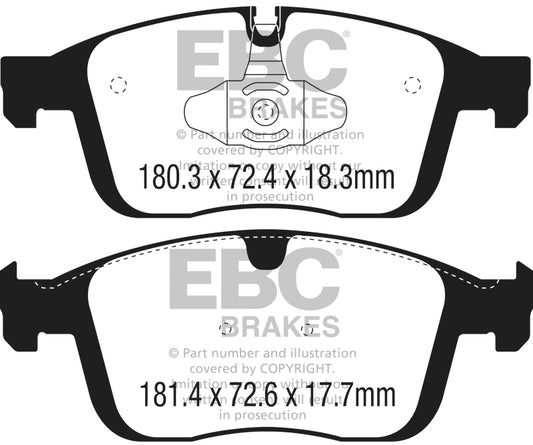 EBC Redstuff front brake pads for Volvo XC60 2.0L Turbo T5 2016+ performance braking system, shown in close-up view