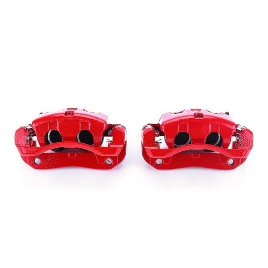 Pair of PowerStop front red brake calipers with brackets for Acura MDX 2003-2006, performance disc brake components.